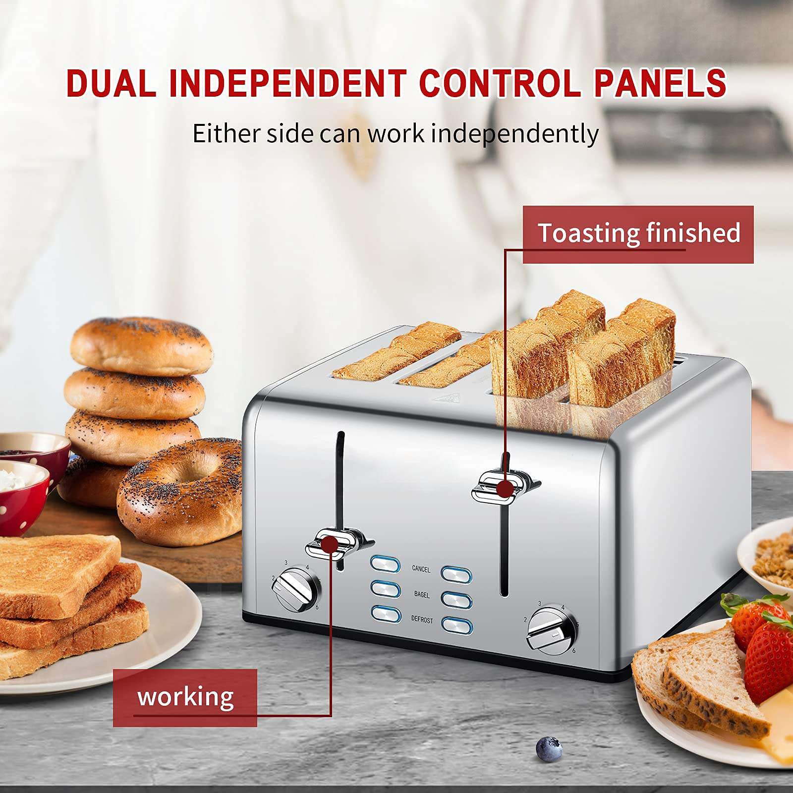 Toaster 4 Slice, Stainless Steel Toaster with Extra Wide Slots, 4 Slot Toaster with Bagel/Defrost/Cancel Function