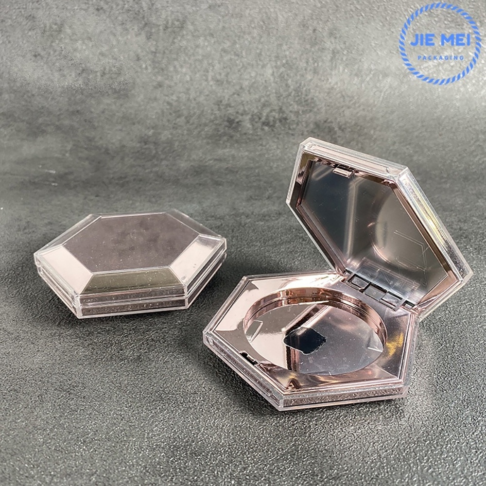 JIE MEI Hot Selling Hexagon Shape Rose Gold Empty Blush Compact Powder Case Pan Size D54mm Eyeshadow Palette Tube With Mirror