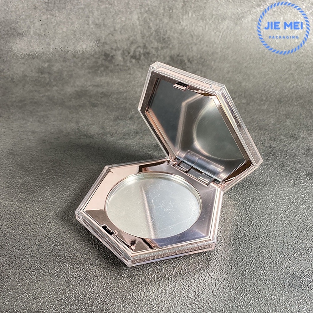 JIE MEI Hot Selling Hexagon Shape Rose Gold Empty Blush Compact Powder Case Pan Size D54mm Eyeshadow Palette Tube With Mirror