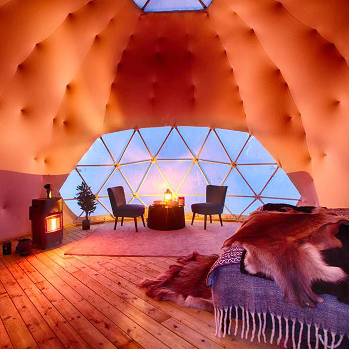 Winter Outdoor Luxury Igloo Geodesic Glamping Clear Dome House Tent With Fireplace Insulation