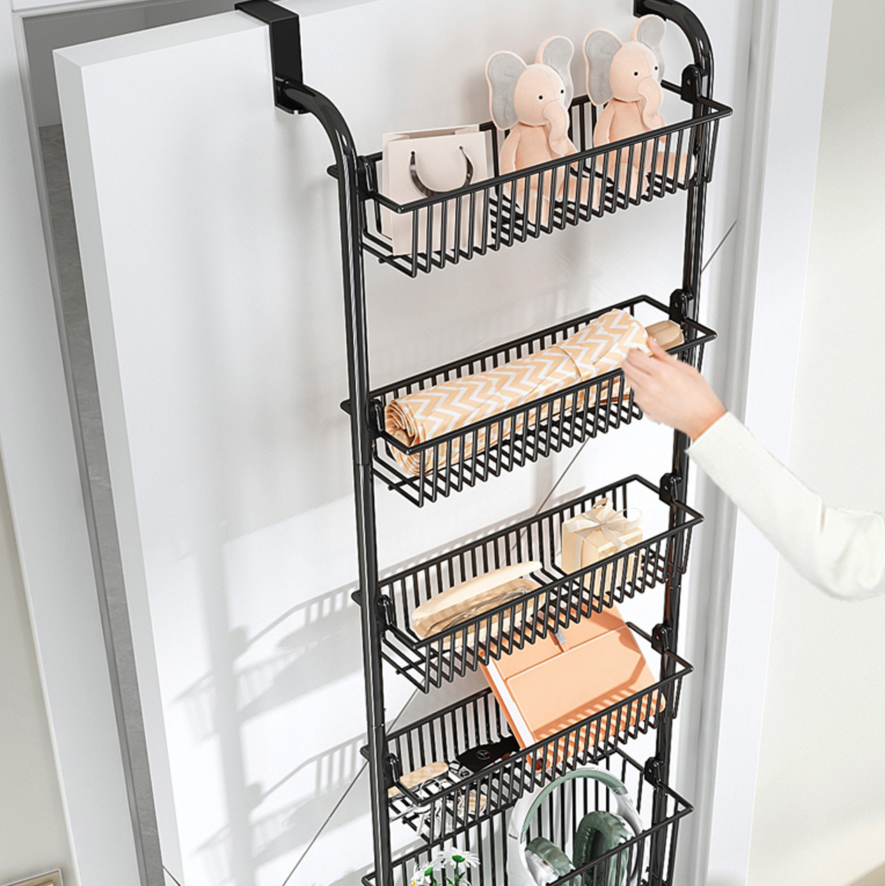 Multiple Purposes Over The Door  Metal Hanging Basket Storage Rack 6-Tier Pantry Door Organizer