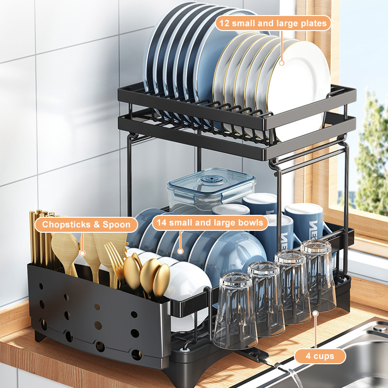 Bowl Storage Dish Rack 2 Tiers Kitchen Worktop Drainer Tray Wire Double-Layer Dish Drying Storage Rack