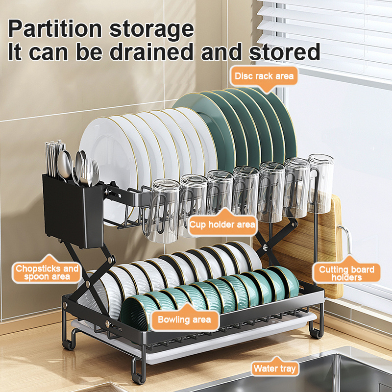 Collapsible 2 Tier Household Multifunctional Storage Bowl Dish Rack With Utensil Holder Dish Drainer