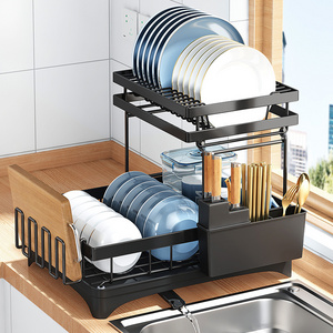 Bowl Storage Dish Rack 2 Tiers Kitchen Worktop Drainer Tray Wire Double-Layer Dish Drying Storage Rack