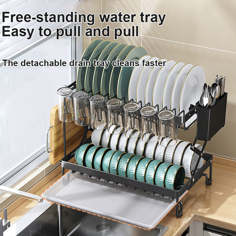 Collapsible 2 Tier Household Multifunctional Storage Bowl Dish Rack With Utensil Holder Dish Drainer