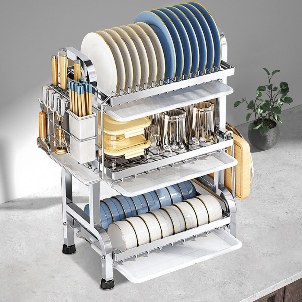 Wholesale Kitchen Cumounter 3 Tier Dish Rack Metal Over The Sink Dish Drying Rack Adjustable With Drainboard