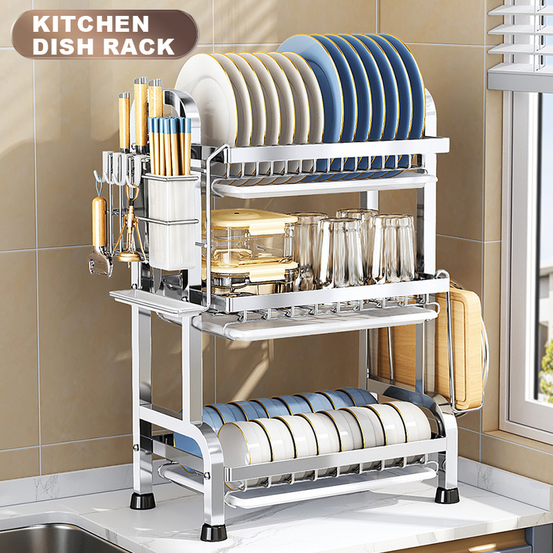 Wholesale Kitchen Cumounter 3 Tier Dish Rack Metal Over The Sink Dish Drying Rack Adjustable With Drainboard