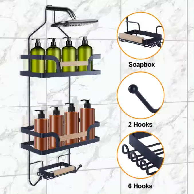 Wholesale Wall Mounted Type No Drilling Rust Proof Bathroom Shower Shelf Caddy Black Organizer