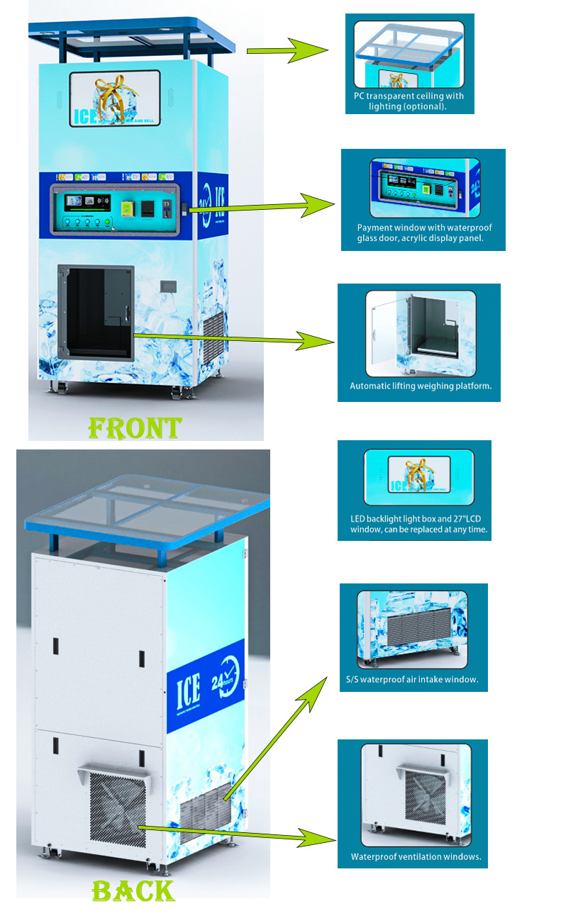 Outdoor coin operated Commercial Grade ice cube make dispenser  ice vending machine 1ton big ice machine vending