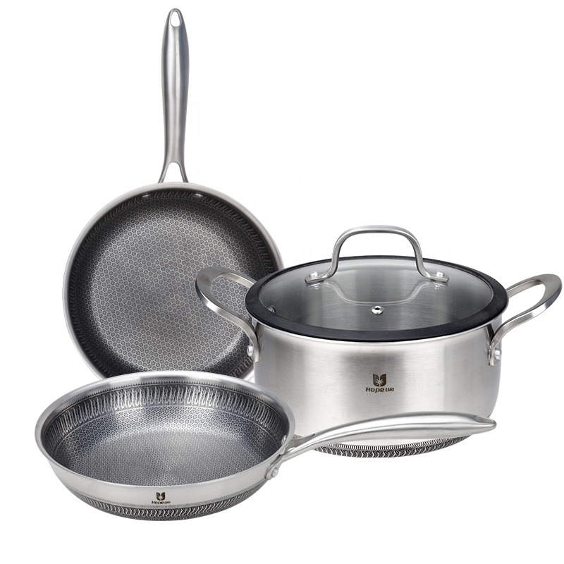 Realwin 304 triply stainless steel cookware non-stick pots and pans cooking set with honeycomb coating