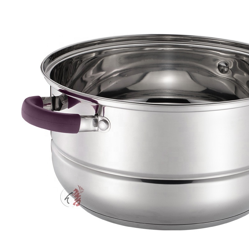 Induction Bottom Cooking Pot 2 Layer Stainless Steel Steamer Pot Cookware With Glass Lid