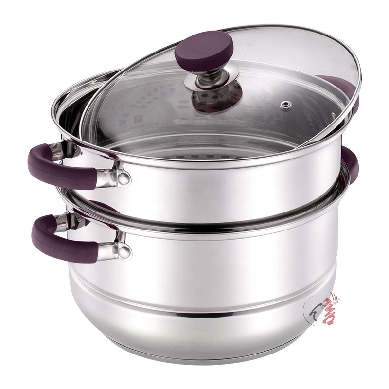 Induction Bottom Cooking Pot 2 Layer Stainless Steel Steamer Pot Cookware With Glass Lid