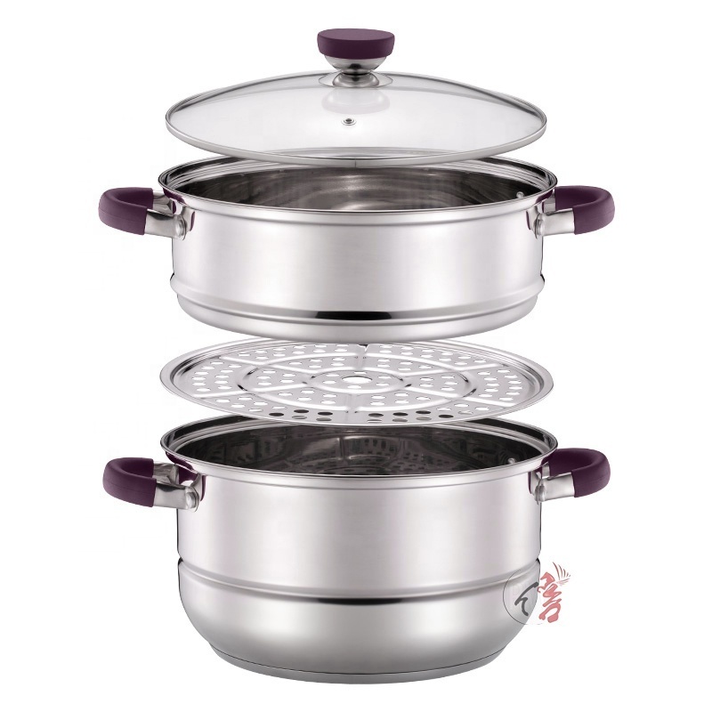 Induction Bottom Cooking Pot 2 Layer Stainless Steel Steamer Pot Cookware With Glass Lid