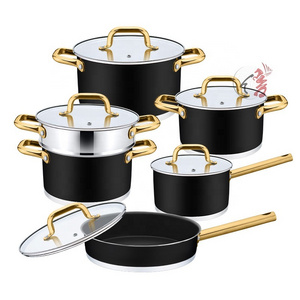 Induction Bottom 11 Piece Cooking Pot and Pan Nonstick Cookware Set Stainless Steel Cookware with Black Coated