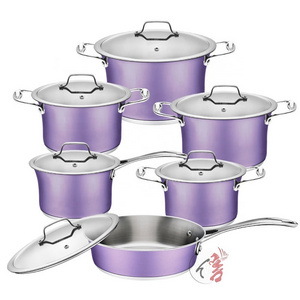 Luxurious and stylish purple 12pcs stainless steel tulip shape cookware set nonstick cooking pots and pans set