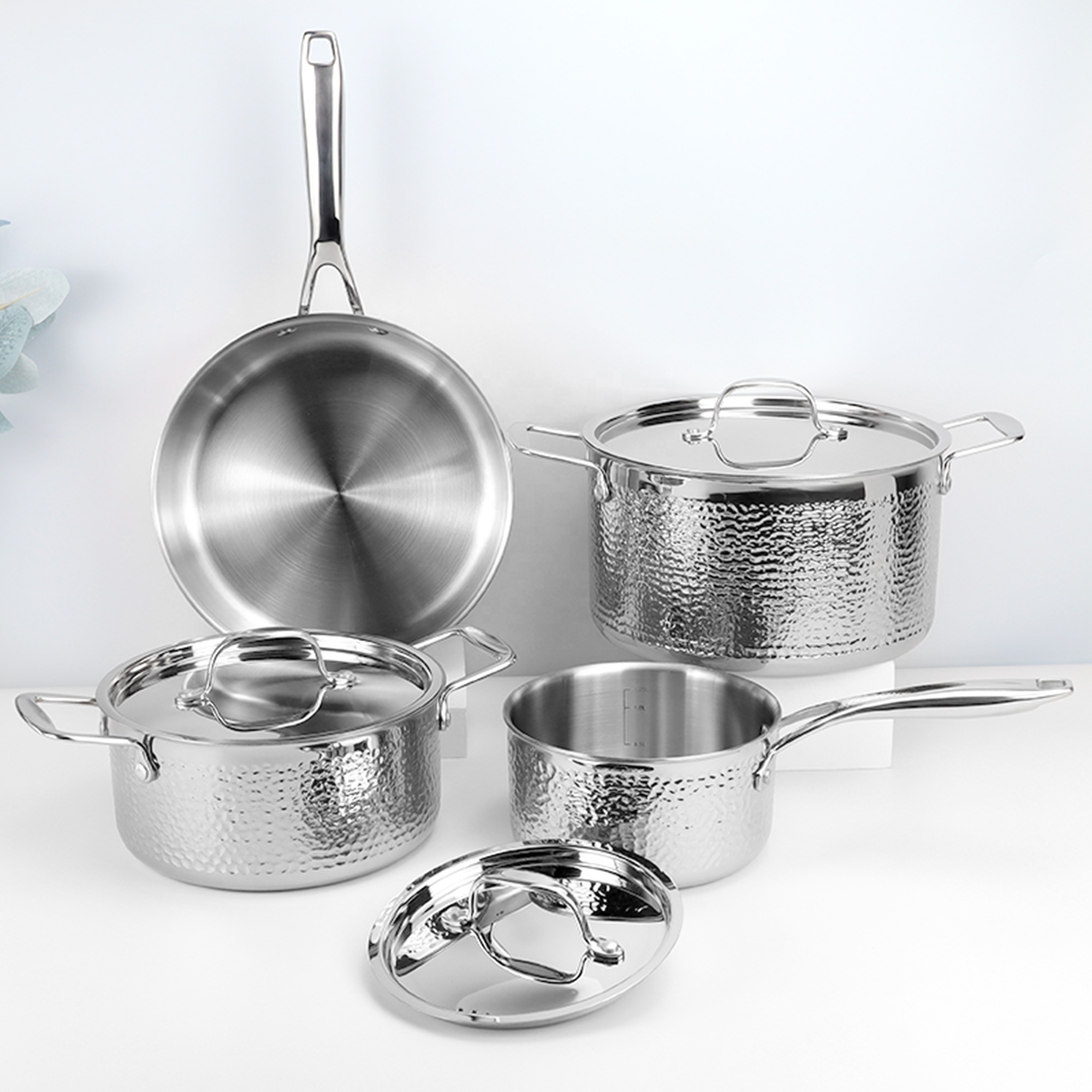 7 Pcs Kitchenware Cooking Pots And Pans Tri-Ply Stainless Steel Cookware Set With Hammer Design