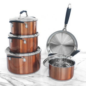 9pcs copper color custom pots cover body color handle stainless steel cooking cookware pots and pans non stick  sets saucepan