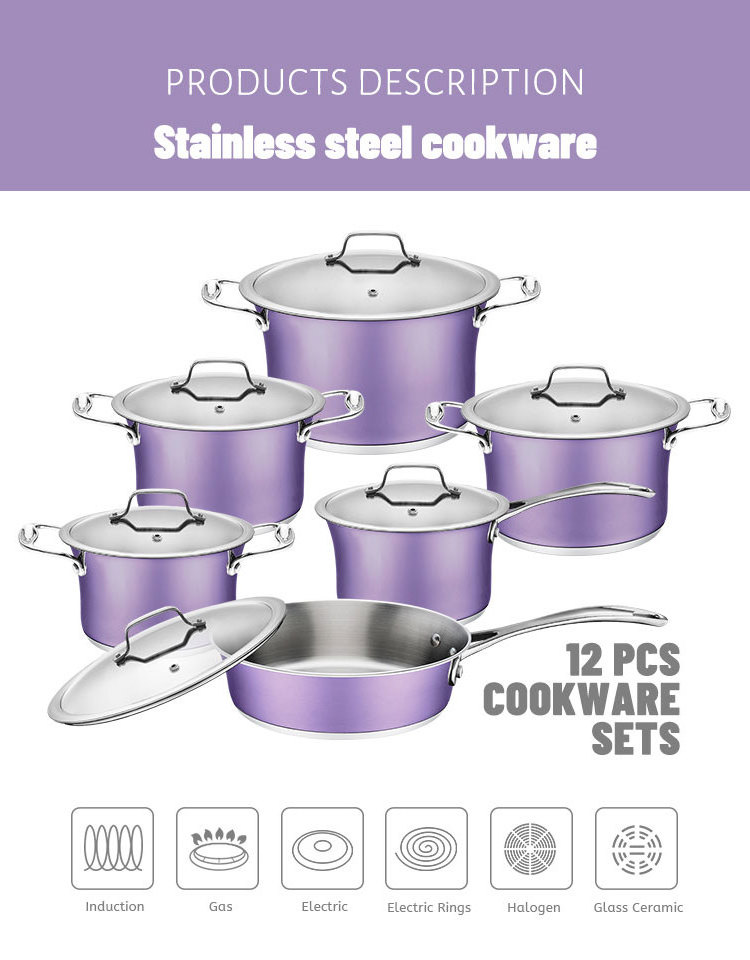 Luxurious and stylish purple 12pcs stainless steel tulip shape cookware set nonstick cooking pots and pans set