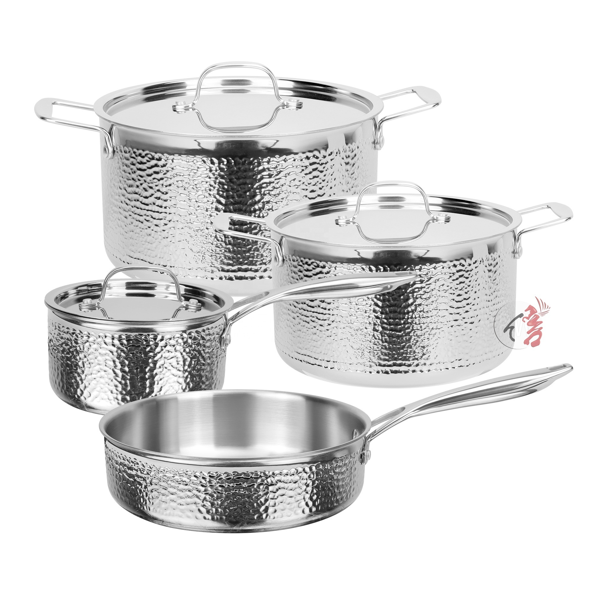 7 Pcs Kitchenware Cooking Pots And Pans Tri-Ply Stainless Steel Cookware Set With Hammer Design