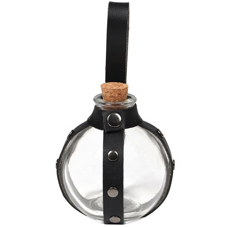 Halloween Dark Magic Cork Potion Bottle Spherical Clear 250ml Glass Bottle with Leather Strap