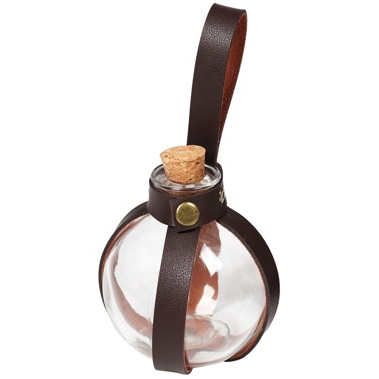 Halloween Dark Magic Cork Potion Bottle Spherical Clear 250ml Glass Bottle with Leather Strap