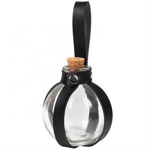 Halloween Dark Magic Cork Potion Bottle Spherical Clear 250ml Glass Bottle with Leather Strap