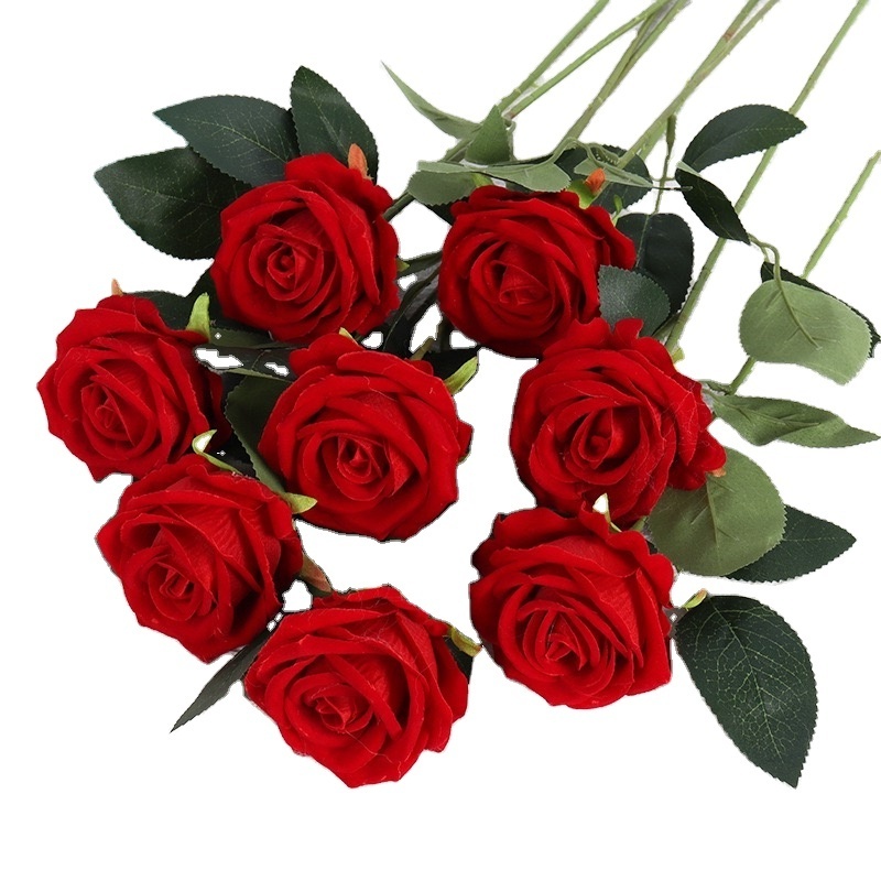 Factory bulk wholesale high quality Artificial single velvet roses flower red white custom real touch rose