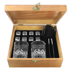 Wooden box Gift set  2pcs wine glass 8pcs whiskey chilling stainless steel ice cubes