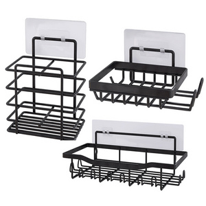 New recommended 5-piece shower rack set with non perforated adhesive strong load-bearing capacity black bathroom storage rack