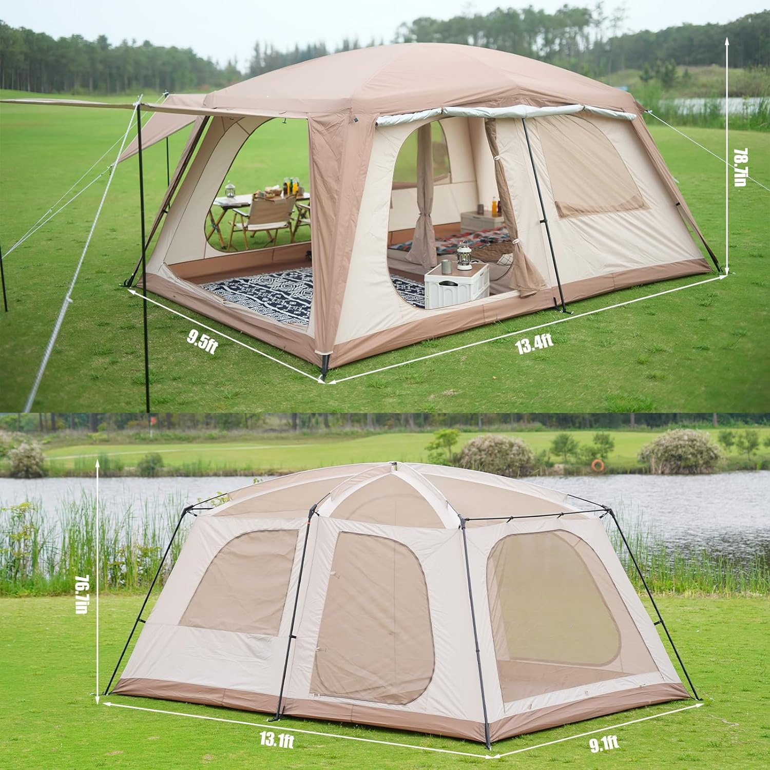 Camping Tent with 3 Door 2 Room Large Family Cabin Tents, Double Layer Waterproof Portable Glamping Tent, Big Tents