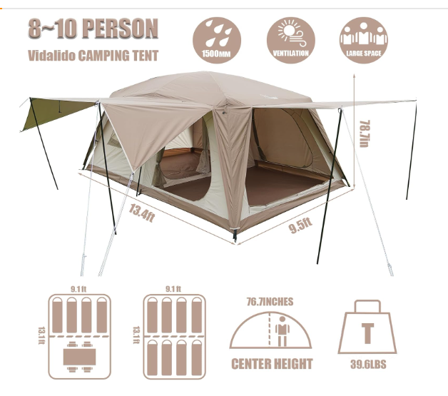 Camping Tent with 3 Door 2 Room Large Family Cabin Tents, Double Layer Waterproof Portable Glamping Tent, Big Tents