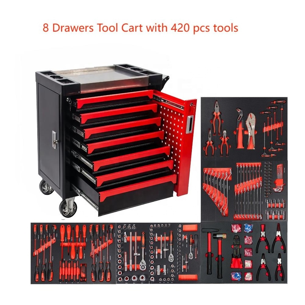 7 Drawers 420 pcs Rolling Tool Sets Box Cabinet Chest Storage With Wheels And Stainless Steel  For Tool Storage