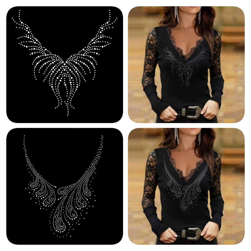 JM hot fix Crystal Neckline Appliques Iron on Collar Rhinestone design for Clothes