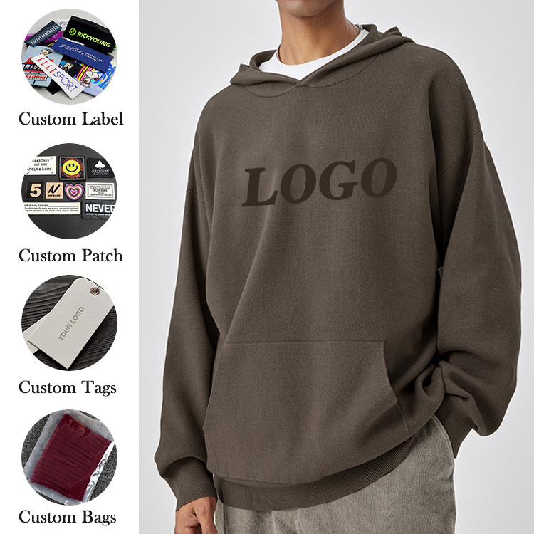 Custom Logo Wool Hoodie Knit Sweater Long Sleeve Cotton Pullover Jacquard Men's Sweater With Pocket