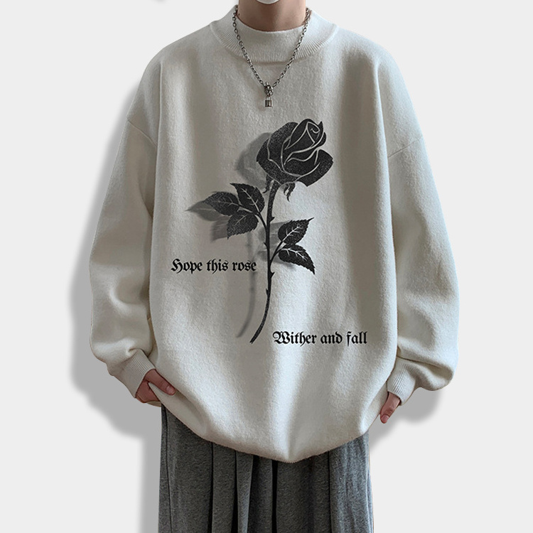 Oem Men Crew Neck Long Sleeve Knitted Flower Sweaters 100%Cotton Oversized Custom Knitwear