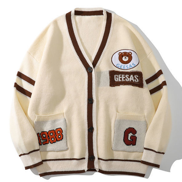 Custom Logo Embroidery Fashion Knit College Cardigans Streetwear Men Wool Varsity Letterman Cardigan Sweater Men