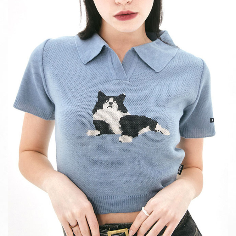 Summer new ladies knitted sweater lapel sexy short top knitted sweater cute cat pattern support custom different color patterns