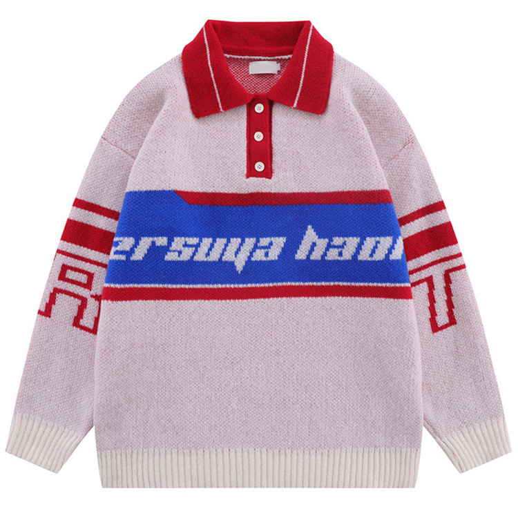 Custom Logo Oem Men Jacquard Pullover Knitwear Varsity Winter Knitted Cotton Polo Neck University Sweaters Men