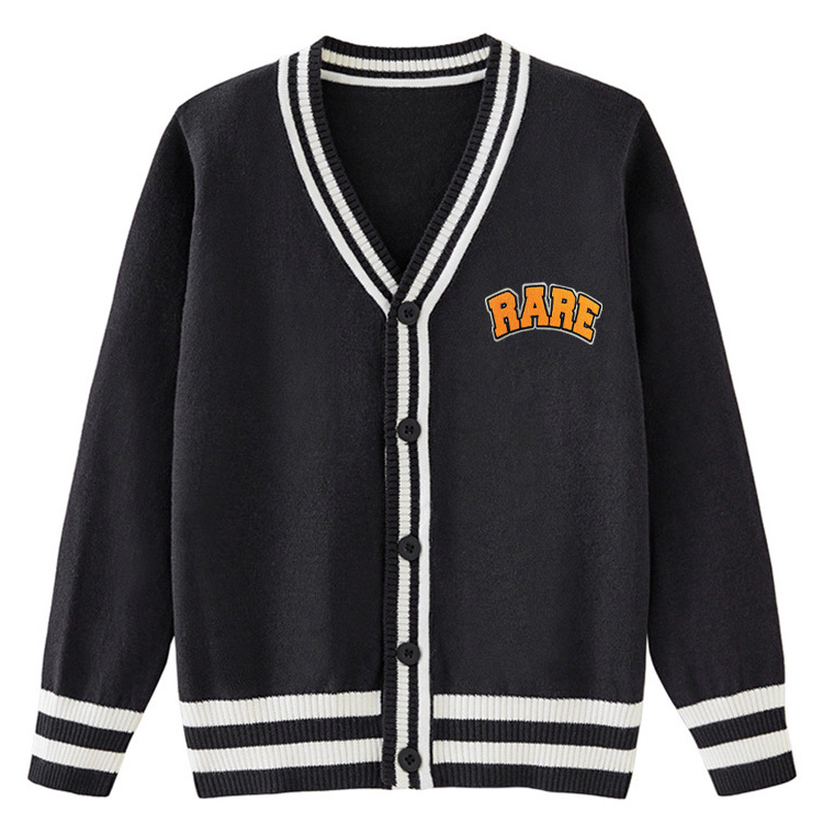 Custom Logo Fashion Men's Jacquard Striped Knit Embroidered Varsity Wool Cardigan Sweater Men