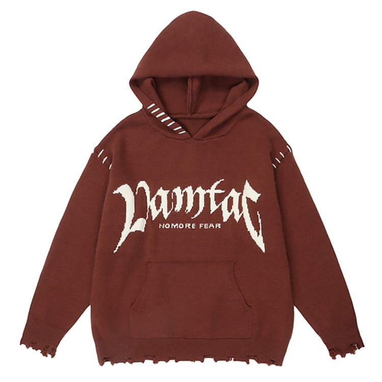 Customize Design Sweater Hoodies Knitwear Men Autumn Loose Letter Jacquard Thickened Knitted Hoodie Sweater Men With Pocket