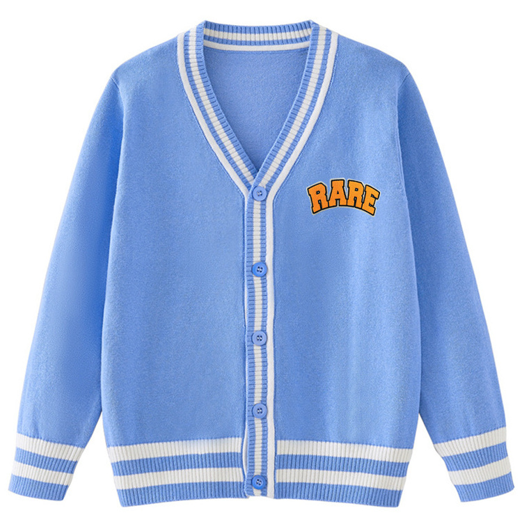 Custom Logo Fashion Men's Jacquard Striped Knit Embroidered Varsity Wool Cardigan Sweater Men