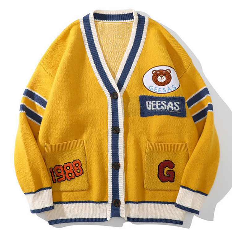 Custom Logo Embroidery Fashion Knit College Cardigans Streetwear Men Wool Varsity Letterman Cardigan Sweater Men