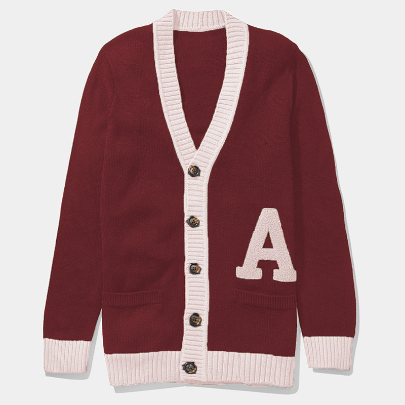 Factory Custom Varsity Sweater Chenille Logo Pocket Woolen Knitwear Sweater Unisex Acrylic Button Up Lettermen Sweater Cardigan