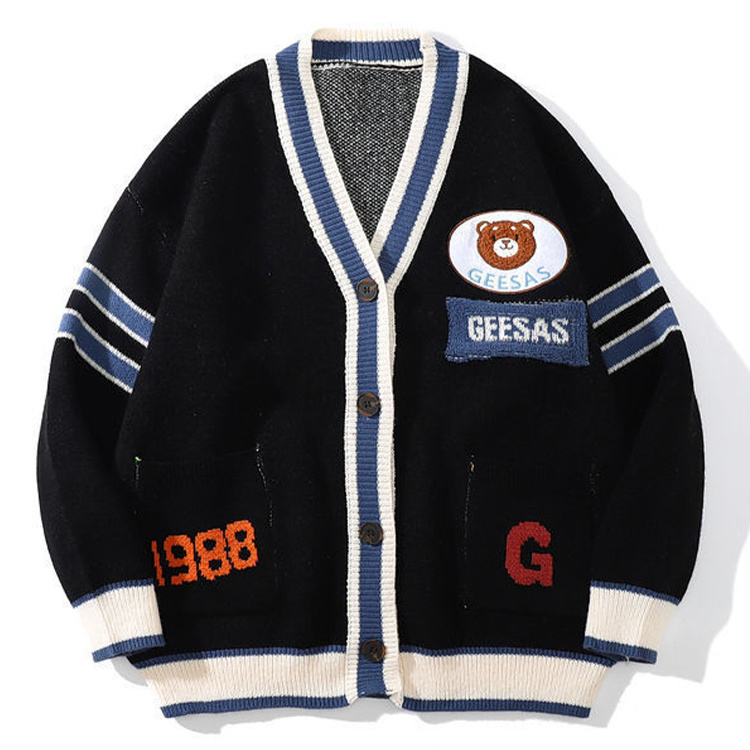 Custom Logo Embroidery Fashion Knit College Cardigans Streetwear Men Wool Varsity Letterman Cardigan Sweater Men