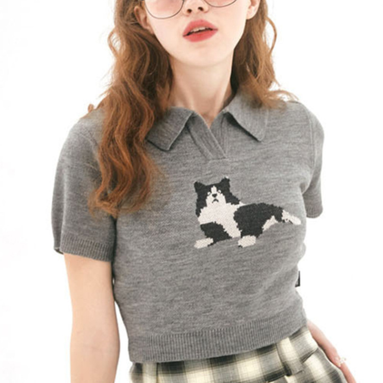 Summer new ladies knitted sweater lapel sexy short top knitted sweater cute cat pattern support custom different color patterns