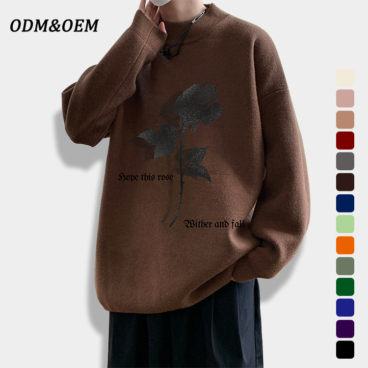 Oem Men Crew Neck Long Sleeve Knitted Flower Sweaters 100%Cotton Oversized Custom Knitwear