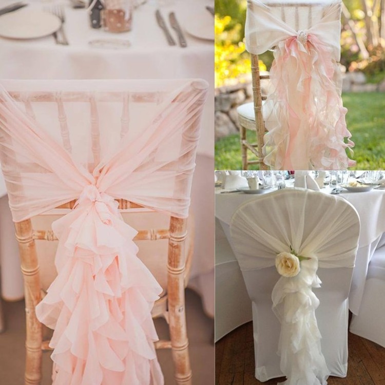 Dark Pink And Ivory Elegant Chiffon Ruffled Banquet Chair Covers Chiffon Chair Sash Hood For Wedding