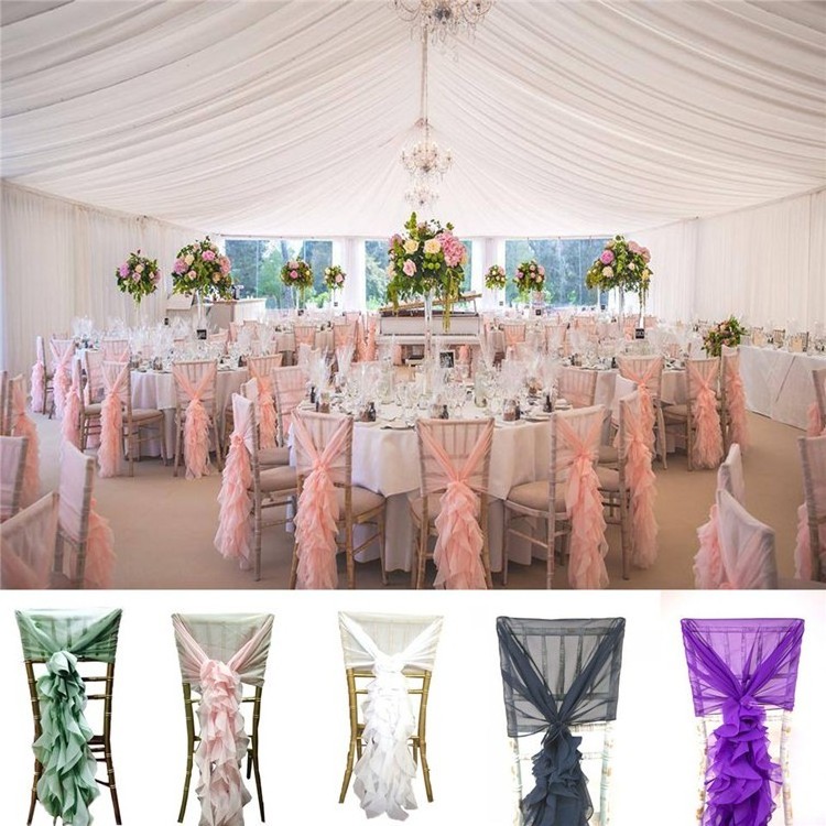 Dark Pink And Ivory Elegant Chiffon Ruffled Banquet Chair Covers Chiffon Chair Sash Hood For Wedding