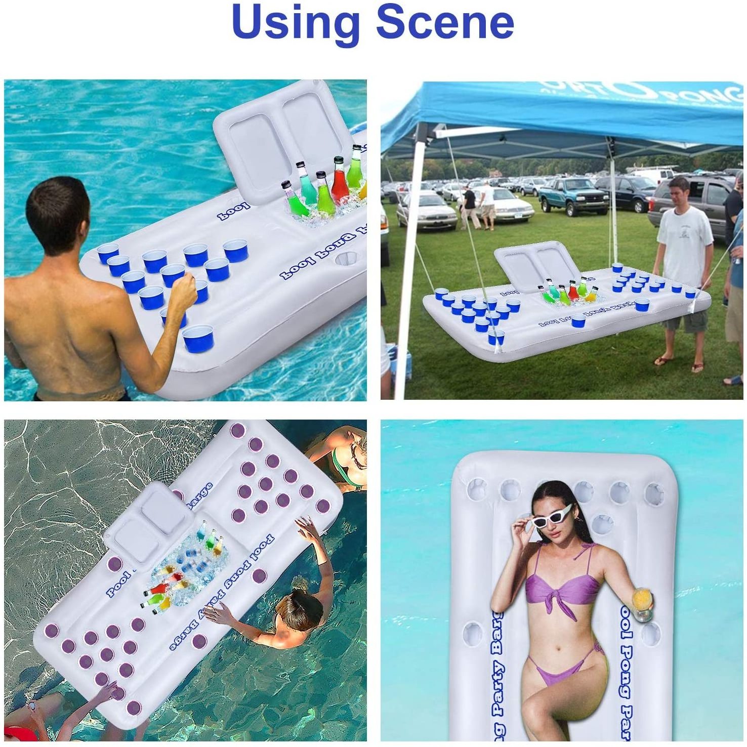 Floating Inflatable Pong Pool Party Barge, Outdoor Pong Table float for Adults Soft Drink Games with Color White