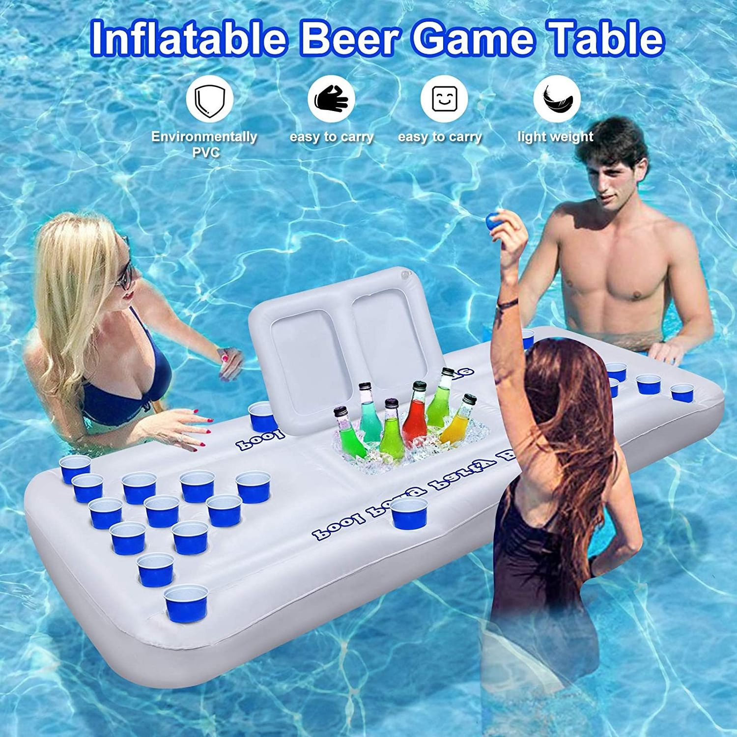 Floating Inflatable Pong Pool Party Barge, Outdoor Pong Table float for Adults Soft Drink Games with Color White